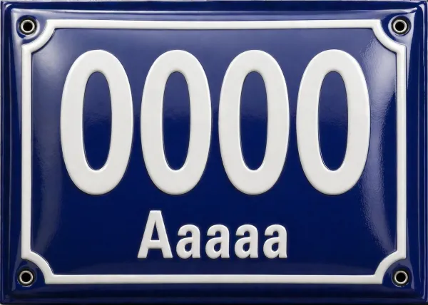 Smaltované domovní číslo s textem modro bílé